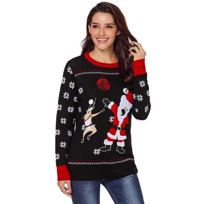 Pull De Noel Femme Impression Jacquard Tricot Chandail Femme De Automne Hiver Noir Achat Vente Pull Soldes Cdiscount