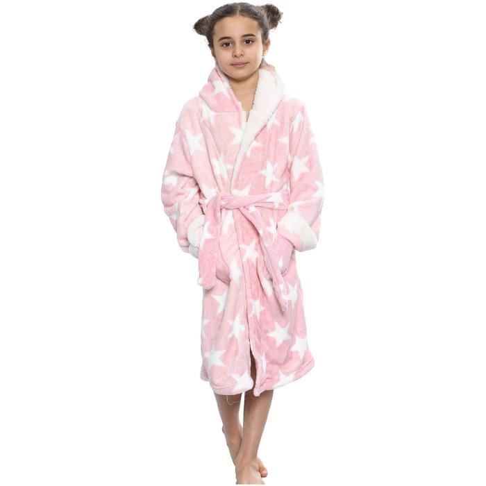 Filles Polaire Gris luxe Sherpa Capuche Robe De Chambre toile Imprim Rose Peignoir ge 7 13 Ans