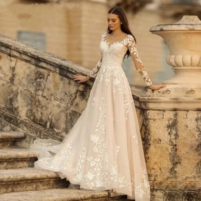 Robes de mari e l gantes col rond dentelle ligne A Boho