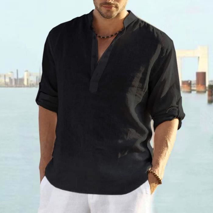Chemise En Lin Homme Manches Courtes - Coupe Ample - Col Montant - Style Décontracté été