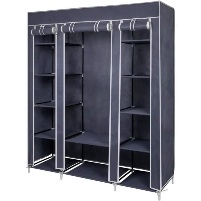 Armoire Penderie En Tissu Gris - Dimensions 60x30x160 Cm, Rangement Pliable Avec étagères Et Tringle - 9