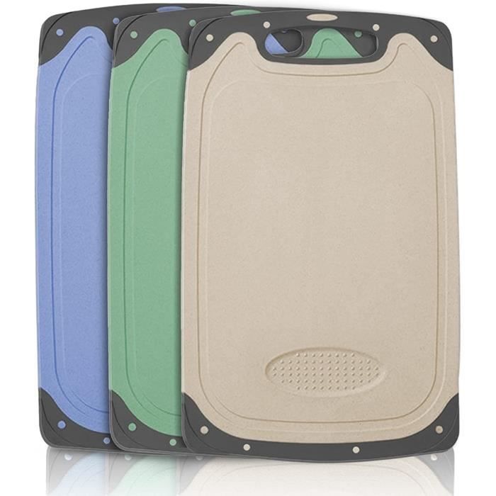 Lot De 3 Planches à Découper Colorées Avec Rainure à Jus & Presse-ail | Plastique Sans BPA | Antidérapantes & Lavables Au Lave-vaisselle