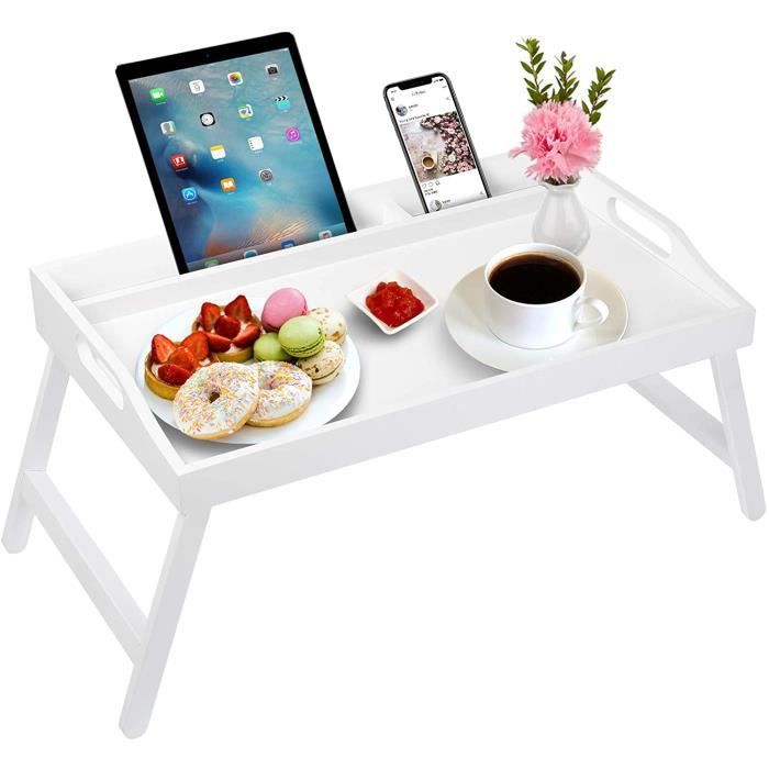 Plateau De Petit-Déjeuner Pliable Avec Poignées Et Fente Média - Bureau Portable Pour Lit, Canapé, Ordinateur Ou TV (Noir)