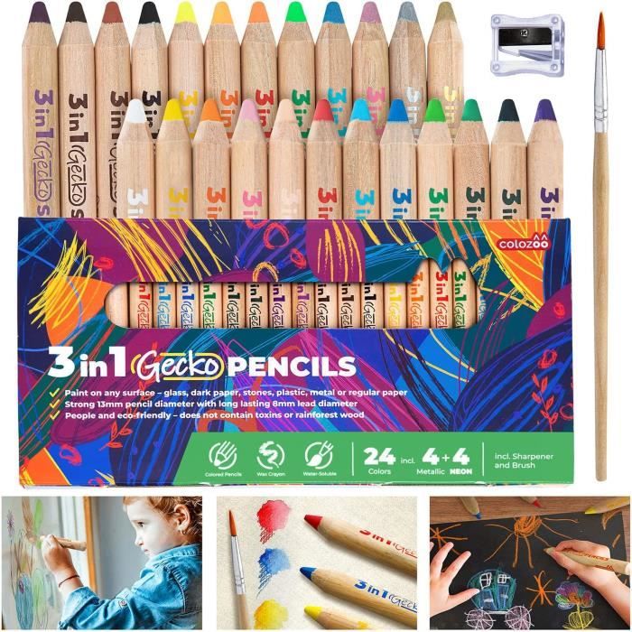 Colozoo Lot de 24 crayons de couleur 3 en 1 avec pinceau et taillecrayon Couleurs non toxiques