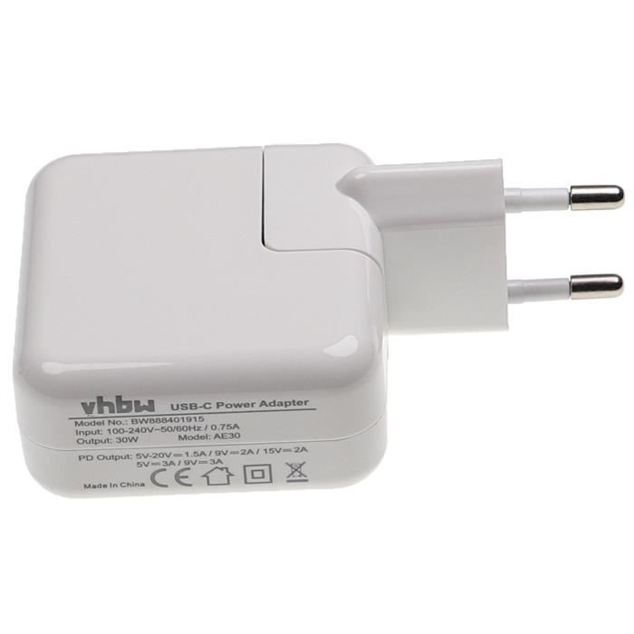 Vhbw Chargeur secteur USB C compatible avec Apple iPhone X, XR, XS, XS Max,  SE 2020 - Adaptateur prise murale - USB (max. 9 / 12 / 5 V), blanc / gris