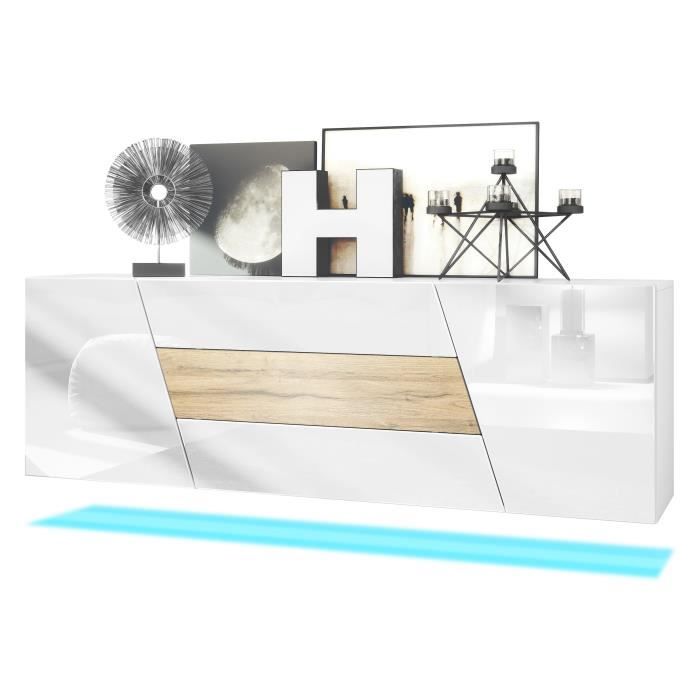 Vladon buffet Houston avec 2 portes et 3 tiroirs façades blanc brillant tiroir central chêne nature éclairage LED inclus Vladon buffet Houston avec 2 portes et 3 tiroirs façades blanc brillant tiroir central chêne nature éclairage LED inclus