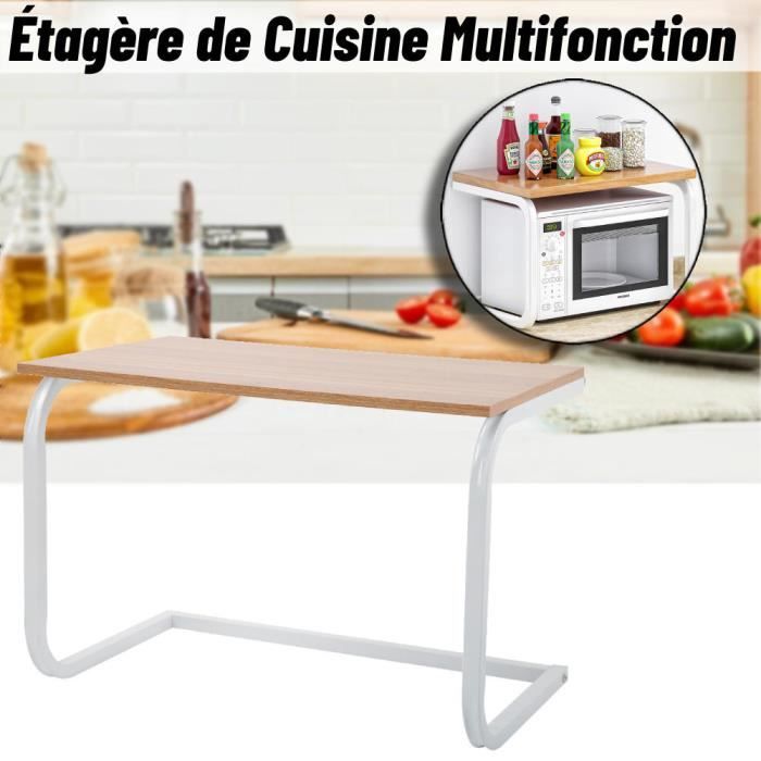 MAYMAR Étagère Support Micro-Ondes Multifonction – Rangement Cuisine Bois Et Métal Style Industriel – Porte-Épices, Planche à Découper, Crochet (52×30×35 Cm Couleur Bois)