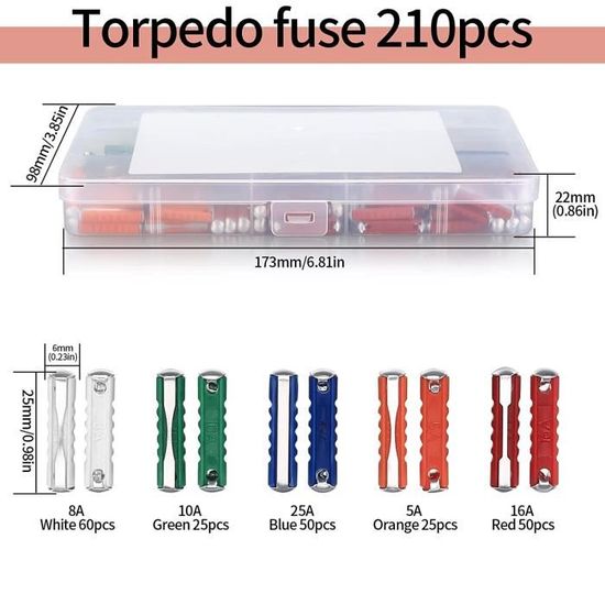210 Fusibles Torpedo Mixtes - 5A/8A/10A/16A/25A - Pour Voitures Anciennes Et Vintage - Boîte De Rangement