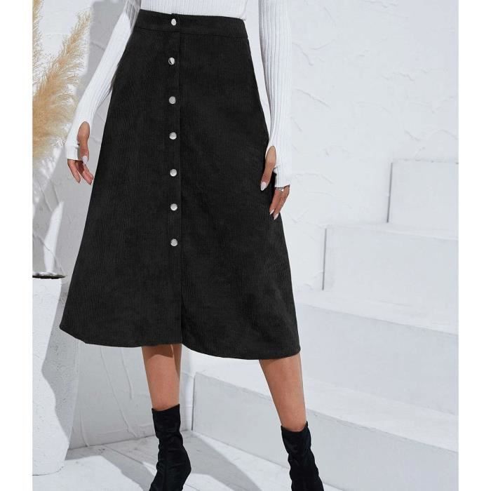 Jupe longue en velours cotele GAROSA A Line Boutons blancs Taille haute Noir Black Cdiscount Pret a Porter