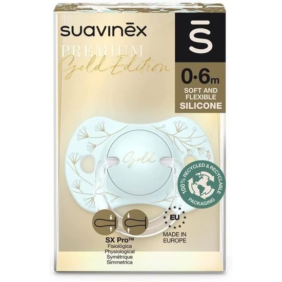 Suavinex Sucettes Gold Edition pour enfants +18 mois, insucette avec tétine  Platate et Simmétrique en Silicone SX Pro, Thé Platate et Simmétrique