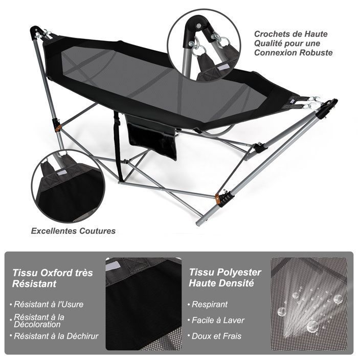 Hamac De Camping Pour Adulte – En Maille Respirante, 260 X 130 Cm, Capacité 200 Kg, Compact Et Facile à Suspendre