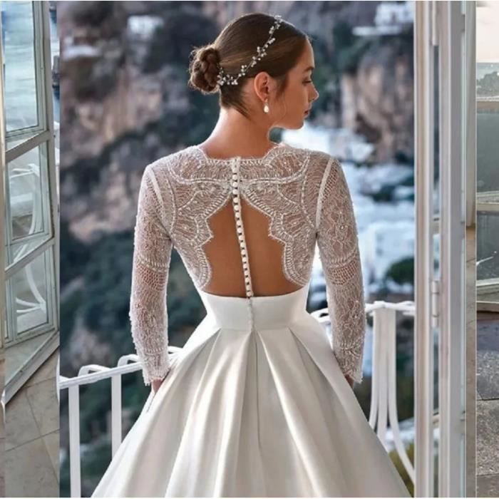 Robe De Mariée Longue En Mousseline De Soie Avec Dentelle - Fente Élégante - Taille Adjustable (Prendre Une Taille Au-dessus) - 4