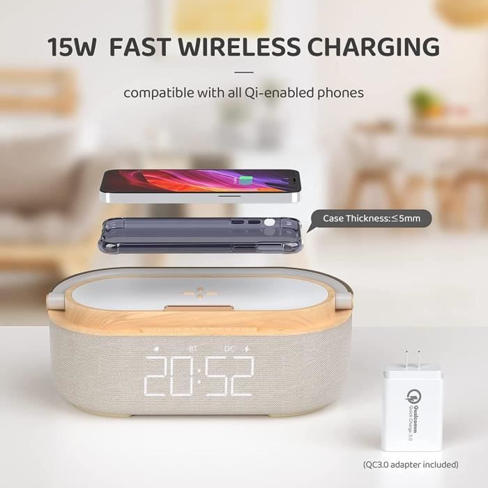 Réveil Digital COLSUR Avec Chargeur Sans Fil - Radio FM, Bluetooth, Lampe LED - Support Téléphone