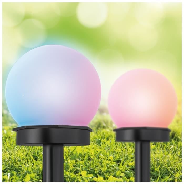Lot De 3 Bornes Solaires LED Noir IP44 - Éclairage RVB Multicolore Pour Jardin, Allée, Terrasse - Installation Sans Fil Facile