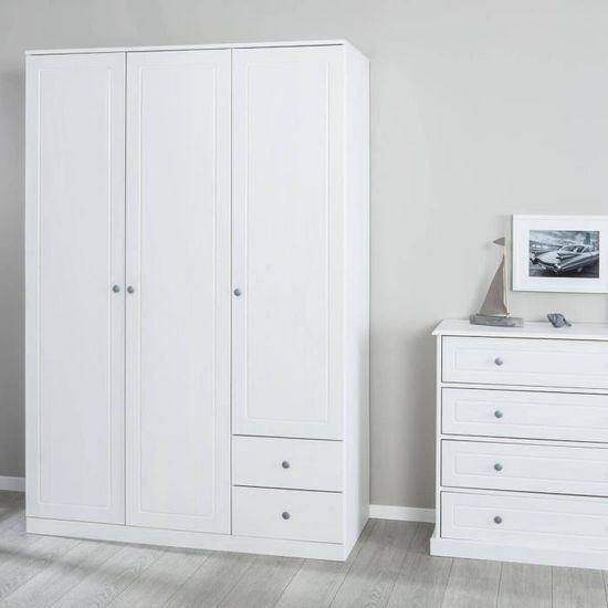 Karol Armoire 3 Portes 2 Tiroirs Bois Massif Vernis Blanc Achat Vente Armoire De Chambre Karol Armoire 3 Portes 2 Cdiscount