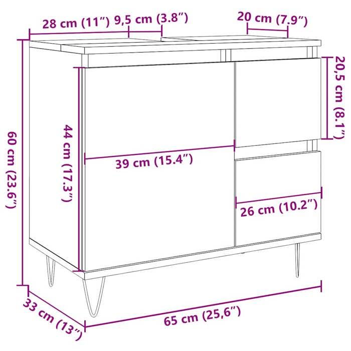 Armoire Lavabo Salle De Bain Chêne Artisanal 65x33x60 Cm - Meuble Rangement Sous Évier