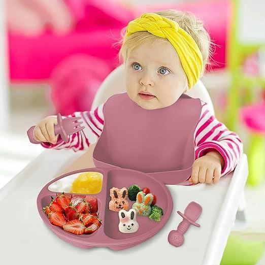Set Vaisselle Bébé Complet - Cuillère 1er Âge, Bavoir, Assiette, Tasse Apprentissage, Gobelet, Couvert Enfant En Silicone