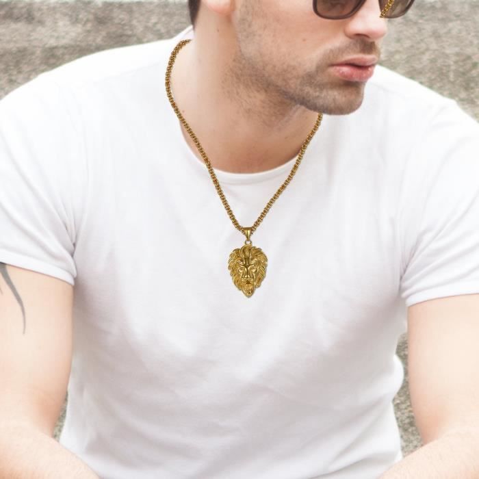 Collier Homme Avec Pendentif Lion - Chaine Acier Inoxydable Argenté + Cordon Offert