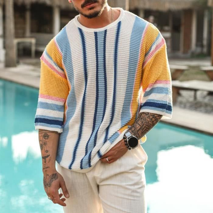 Pull raye a demi manches pour hommes pull a col rond chemisier de rue evider jacquard decontracte ete mode Apricot Black Stripe Blanc Cdiscount Pret a Porter