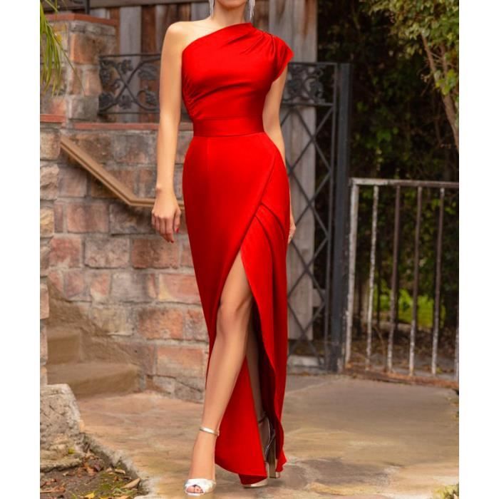 Robe Robe de soiree asymetrique epaule denudee taille haute fendue devant Sexy sans manches plissee longue blue A61472 Blanc Cdiscount Pret a Porter