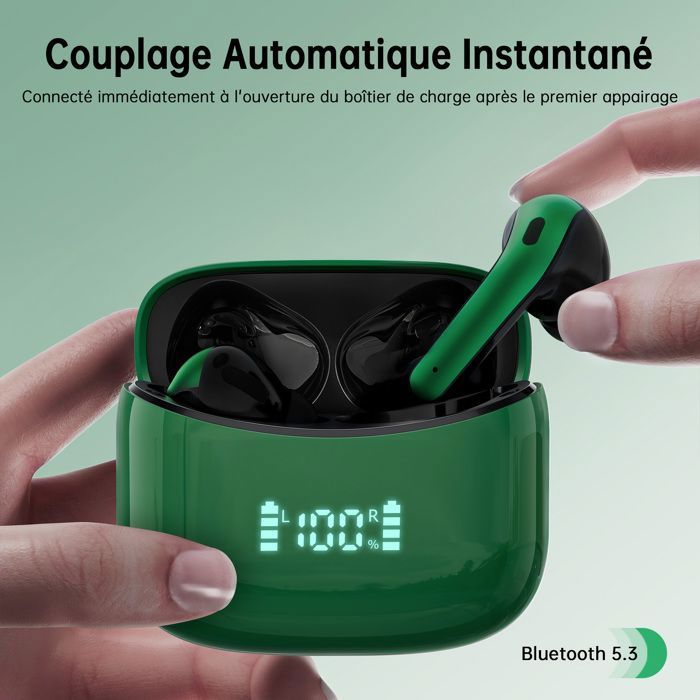 Écouteurs Bluetooth 5.3 Sans Fil BESNOOW – Basses Immersives, 4 Micros ENC, 40h D'autonomie, écran LED, IP7, Contrôle Tactile, Vert Rétro