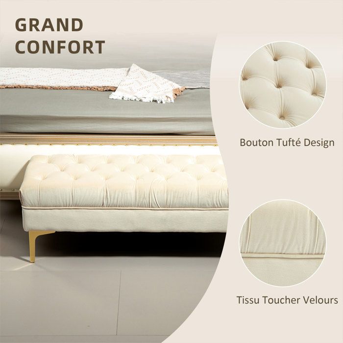 Banc Ottoman Vintage En Lin - Banquette Bout De Lit Ou Entrée - Pieds En Bois - Coussin Rembourré - Couleur Beige