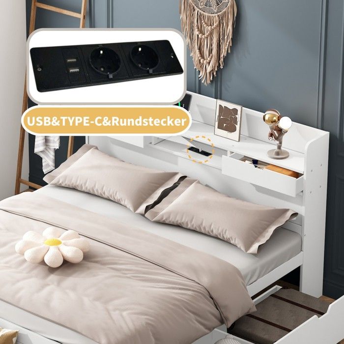 Lit D'enfant, 90 X 200 Cm, Lit Simple Avec Fonctions Multifonctions, Protection Anti-chute Et Sommier à Lattes, Lit Garçon Avec Tiroirs Et Tableau, Sans Matelas, Blanc