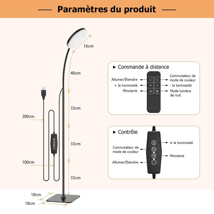 Lampadaire Diamant à Intensité Variable Noir Industriel Avec 3 Abat