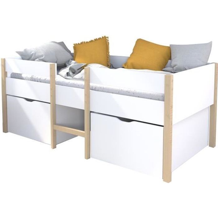 Lit mi-hauteur 90x200cm avec 2 maxi tiroirs - Blanc/Bois - Sommier inclus - Zephir Lit mi-hauteur 90x200cm avec 2 maxi tiroirs - Blanc/Bois - Sommier inclus - Zephir