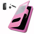 PH26 Wiko Pulp Fab 4G super PACK Etui fenêtres rose PU + mini stylet + verre trempé Dureté 9H, Ultra-mince 0.20 mm