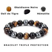 Bracelet Triple Protection en Œil de Tigre Hématite Obsidienne Noire Pierres protectrices très puissantes