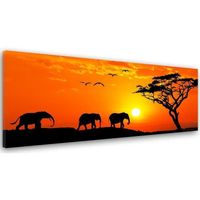 Tableau Décoration Murale éléphants d'Afrique 30x90 cm Impression sur Toile Paysage Africaine coucher de soleil pour la Maison