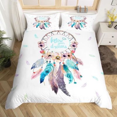 Parure De Lit Attrape-Rêve 100% Coton - Housse De Couette 140x200 Cm + Taie 65x65 Cm