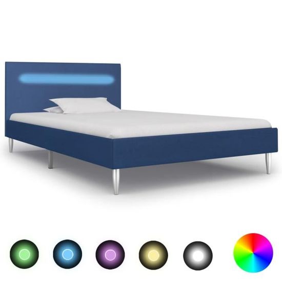 Chambre Cadre de lit 1 personne 90 x 200 cm Lit simple pour enfant-adlulte avec LED Bleu Tissu |6815