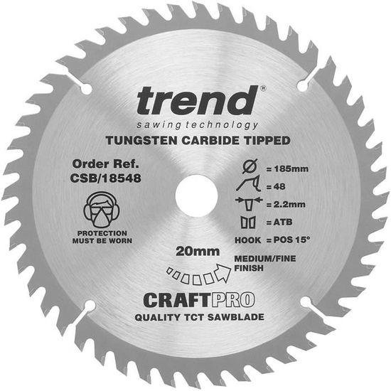 Trend CSB-18548 Craft Pro Trimming Lame de scie circulaire TCT Pointe en carbure de tungstène 184 mm x 48 dents x alésage 20 mm 587