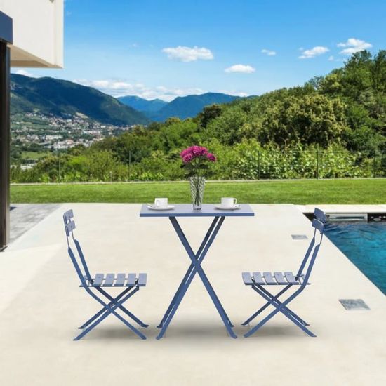 Ensemble d'extérieur KEDIA - Table et chaises Noir - 1 table pliante + 2 chaises pliantes Bleu