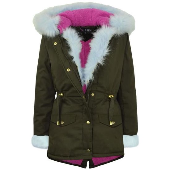 Manteau Hiver Long Fille SEAUR – Parka Doublée Avec Capuche Pour 5-12 Ans (Rose/Noir)