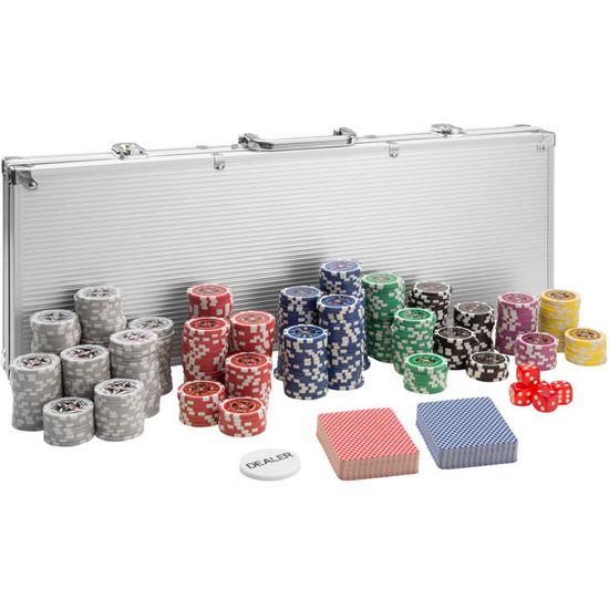 TECTAKE Coffret Malette Set de Poker 500 Jetons + 2 Jeux de 54 Cartes en Aluminium - Argent
