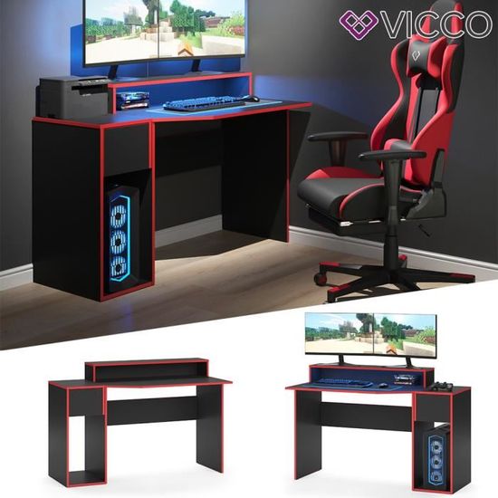 Bureau gamer VICCO Kron - Noir - Bureau informatique flexible avec étagères optimales et grand tiroir