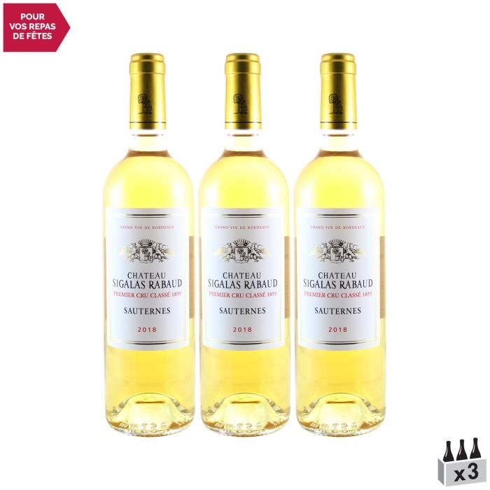 Château Sigalas Rabaud 1er Cru Classé Blanc 2018 - Lot de 3x75cl - Vin Doux Blanc de Bordeaux - Appellation AOC AOC Sauternes