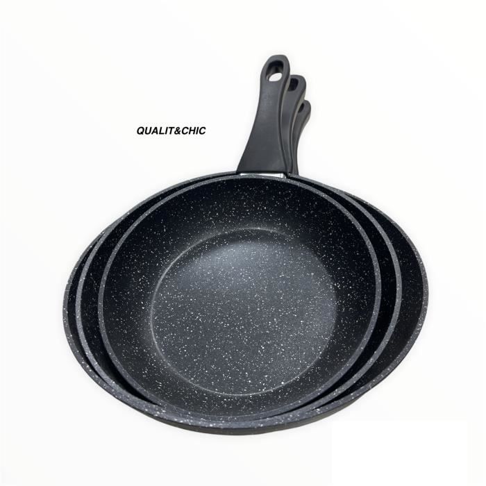 VolksKüchen - Lot de 3 Poêles 20 / 24 / 28 cm revêtement anti-adhésif « effet Pierre » Tous Feux et INDUCTION