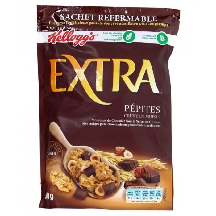 Kellogg’s Extra Pépites Crunchy Muesli Chocolat Noir et Noisettes Grillées 500g (lot de 3)