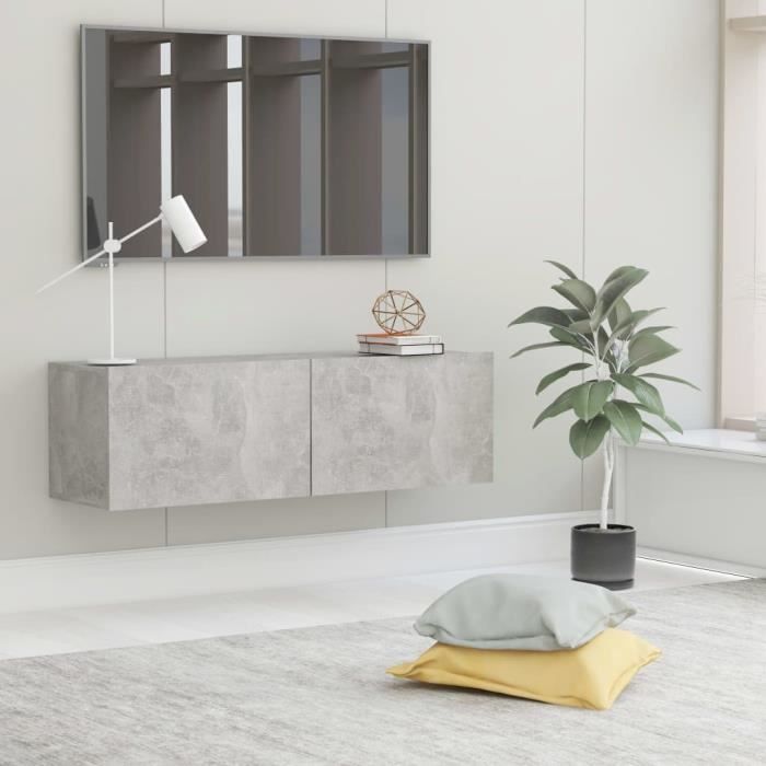 Meuble TV Mural Design Tendance Style Contemporain - Avec 2 Portes Abattantes - Gris béton Aggloméré - 100x30x30 cm