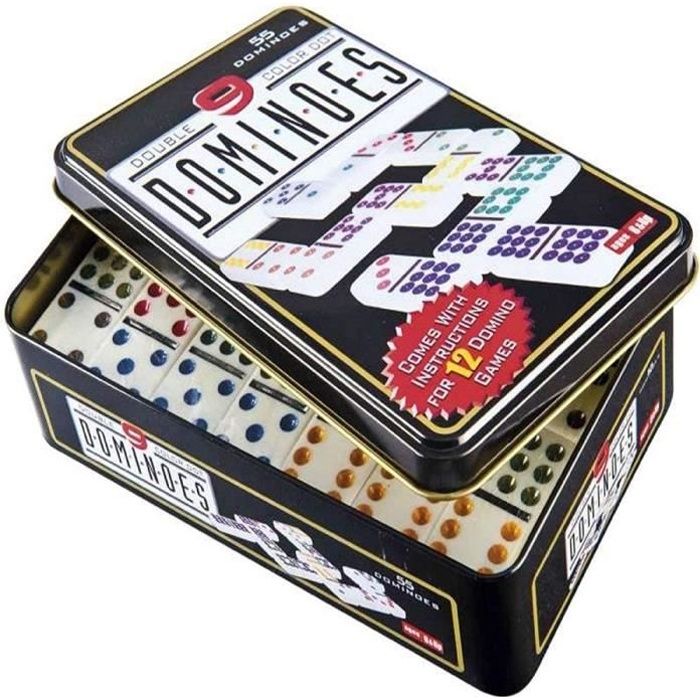 boîte en métal de 55x dominos double neuf mexicain set de jeu 21 x 14 x 6 cm couleur noir-blanc boîte de jeu appretissage cla