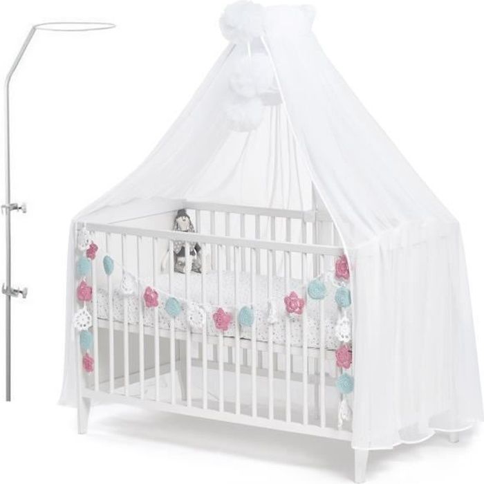 Callyna ® - Ciel de lit bébé XXL avec support, voile Blanc grande taille. Moustiquaire décorative pour lit bébé. Pompon Blanc