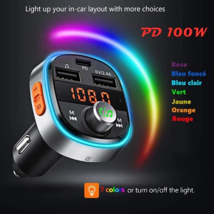 Gizmovine®Transmetteur FM Bluetooth Version 5.0 QC3.0 Adaptateur Voiture Appel Main Libre, 7lumières colorés supportent Siri