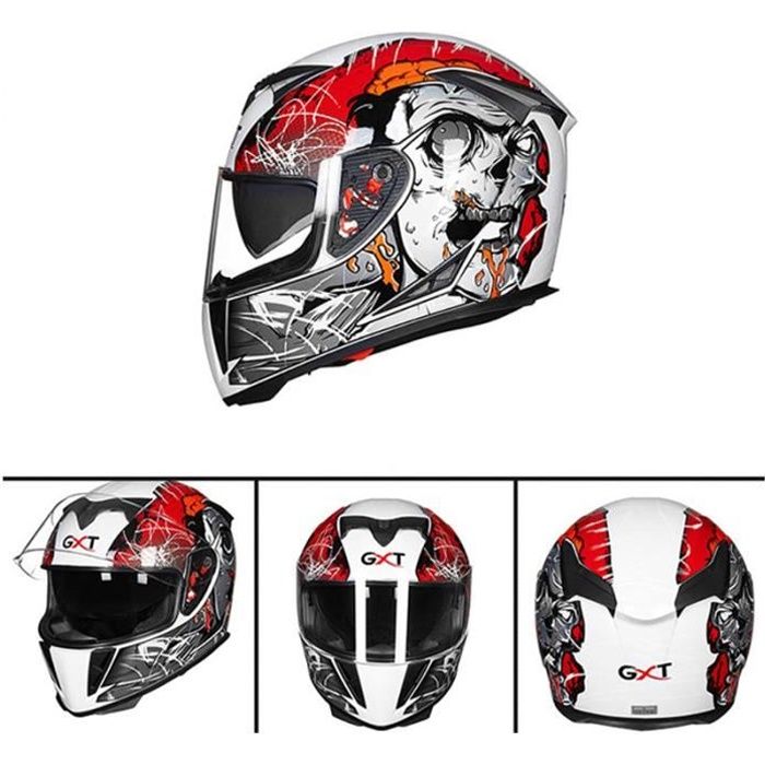 Casque De Moto Intégral Double Visière Casque De Scooter Pour Adulte Homme Femme Motif Blanc Rouge Pêle-mêle