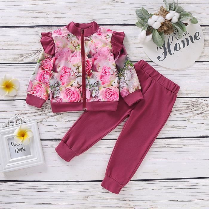 Tout-petit bébé fille à volants imprimé floral hauts manteau pantalon solide survêtement tenues 90