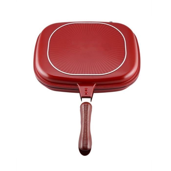 28 cm Poêle À Frire Double Face Outil De Cuisson Barbecue Antiadhésif Batterie De Cuisine Pour La Maison - Rouge