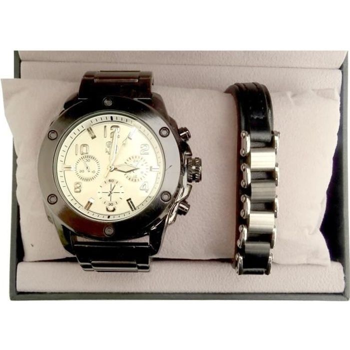 COFFRET BOX IDÉE CADEAU HOMME MONTRE ACIER + BRACELET ACIER ARGENT MAILLON NOIR